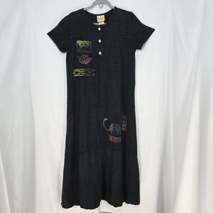 Blue Cactus Dress Woman Medium Black 100% Linen Short Sleeve Casual Southwestern